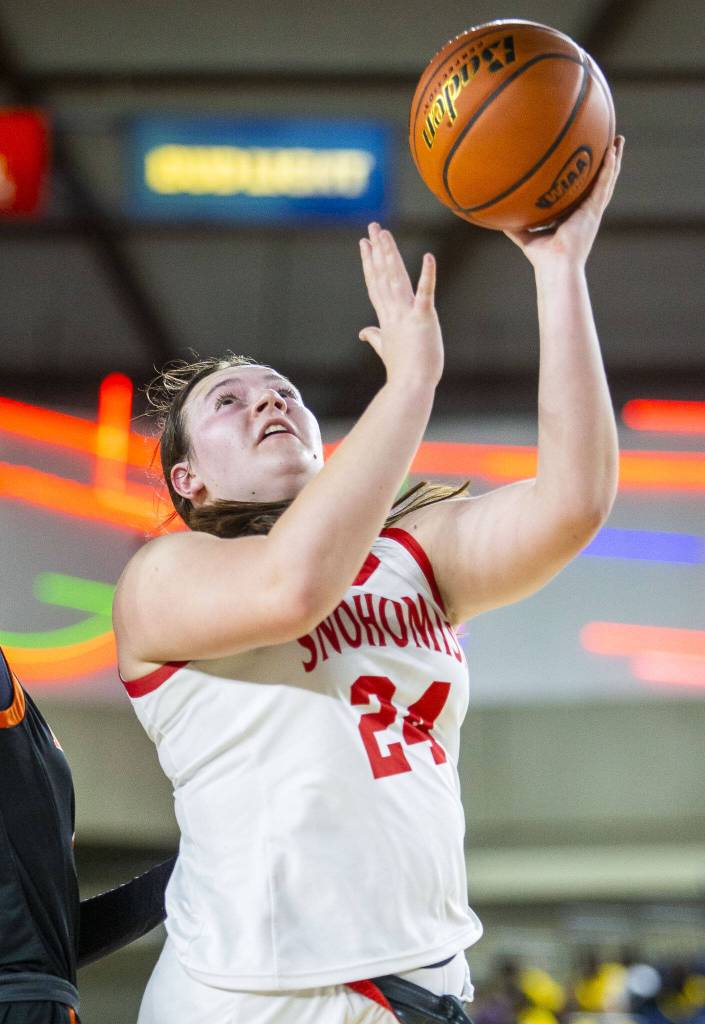 Snohomishs Addyson Gallatin makes a layup during the 3A girls state basketball game against Kennewick on Wednesday, Feb. 28, 2024 in Tacoma, Washington. (Olivia Vanni / The Herald)