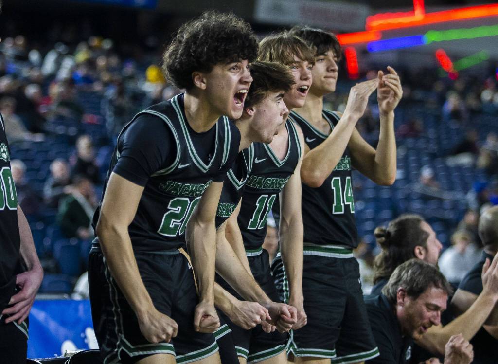 Jackson players react to a foul call during the 4A boys state basketball game against Tahoma on Wednesday, Feb. 28, 2024 in Tacoma, Washington. (Olivia Vanni / The Herald)