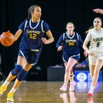 Everett’s Alana Washington takes the ball down the court during the 3A girls state basketball game against Auburn on Wednesday, Feb. 28, 2024 in Tacoma, Washington. (Olivia Vanni / The Herald)