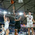 Mountlake Terrace junior Rayshaun Connor makes his way to the rim for a layup during a WIAA 3A Boys Basketball quarterfinal against Mount Spokane on Thursday, Feb. 29, 2024, at the Tacoma Dome in Tacoma, Washington. (Ryan Berry / The Herald)