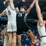 Mountlake Terraces Brody Myers-Little goes up for a contested layup during a WIAA 3A Boys Basketball quarterfinal against Mount Spokane on Thursday, Feb. 29, 2024, at the Tacoma Dome in Tacoma, Washington. (Ryan Berry / The Herald)