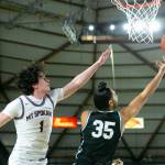 Mountlake Terraces Svayjeet Singh tries for an up-and-under during a WIAA 3A Boys Basketball quarterfinal against Mount Spokane on Thursday, Feb. 29, 2024, at the Tacoma Dome in Tacoma, Washington. (Ryan Berry / The Herald)