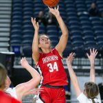Snohomishs Tyler Gildersleeve-Stiles scores from the post during a WIAA 3A Girls Basketball quarterfinal against Arlington on Thursday, Feb. 29, 2024, at the Tacoma Dome in Tacoma, Washington. (Ryan Berry / The Herald)
