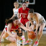 Arlingtons Khari Deberry swipes a loose ball from Snohomishs Addyson Gallatin during a WIAA 3A Girls Basketball quarterfinal on Thursday, Feb. 29, 2024, at the Tacoma Dome in Tacoma, Washington. (Ryan Berry / The Herald)
