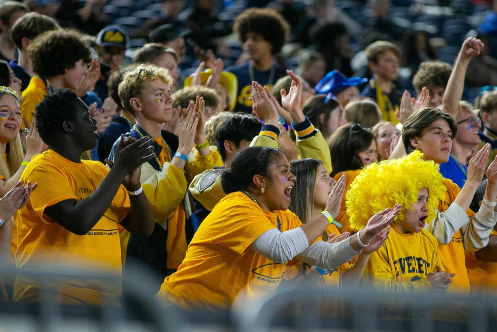 The Everett faithful cheer on their team during a WIAA 3A Girls Basketball quarterfinal against Garfield on Thursday, Feb. 29, 2024, at the Tacoma Dome in Tacoma, Washington. (Ryan Berry / The Herald)