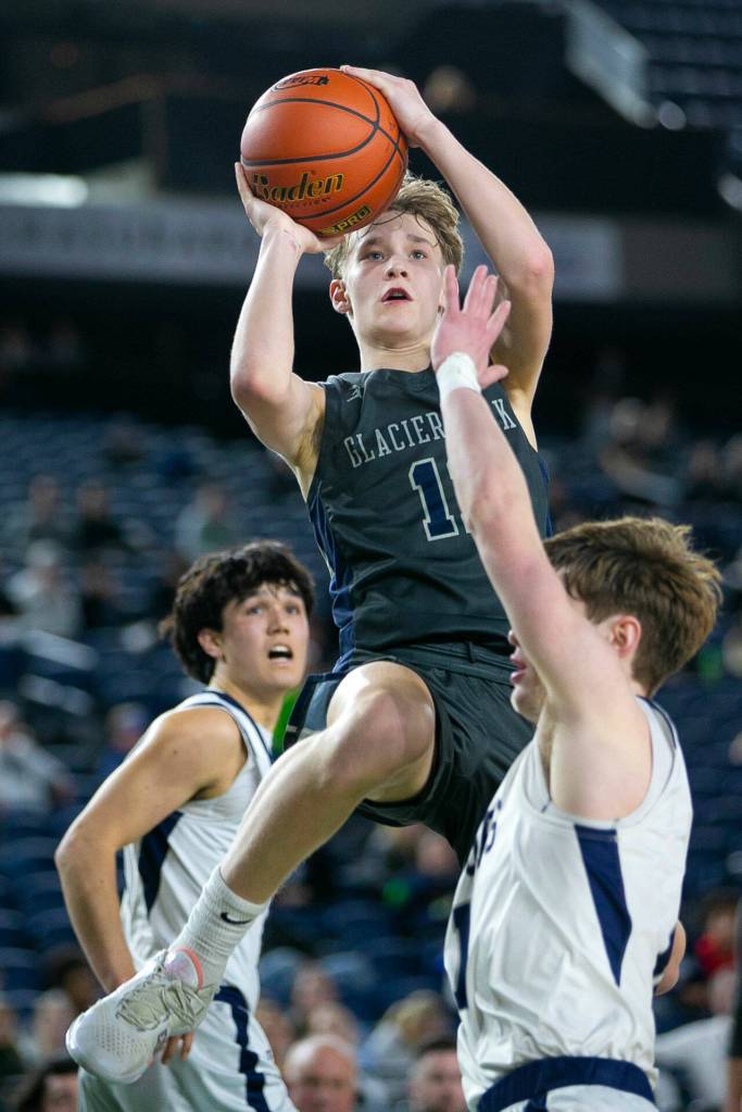 Glacier Peak sophomore Reed Nagel goes up for a shot during a WIAA 4A Boys Basketball quarterfinal against Gonzaga Prep on Thursday, Feb. 29, 2024, at the Tacoma Dome in Tacoma, Washington. (Ryan Berry / The Herald)