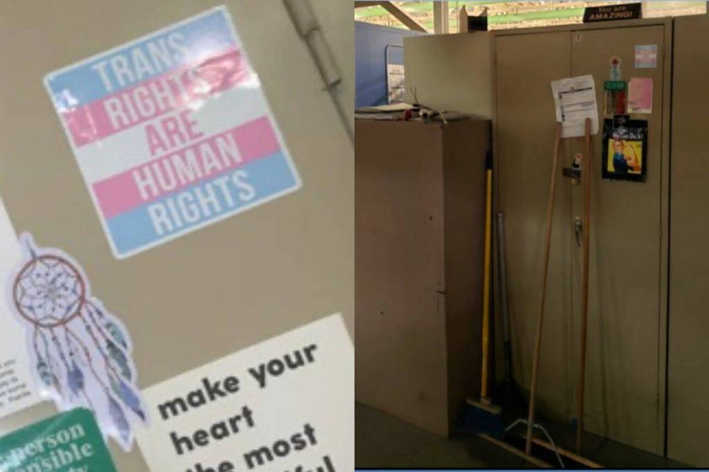 A Boeing employee left a Trans Rights sticker on a locker, in response to Rachel Rasmussens report that a coworker sexually assaulted her with a broomstick, according to a federal lawsuit. Other employees reportedly placed broomsticks next to the locker in an act of harassment. (Court records)