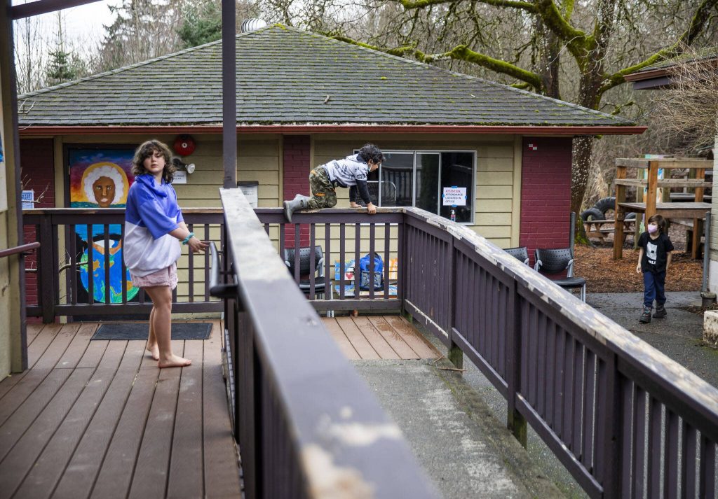 Clearwater students walk around Clearwater School campus on Thursday, Jan. 25, 2024 in Bothell, Washington. (Olivia Vanni / The Herald)