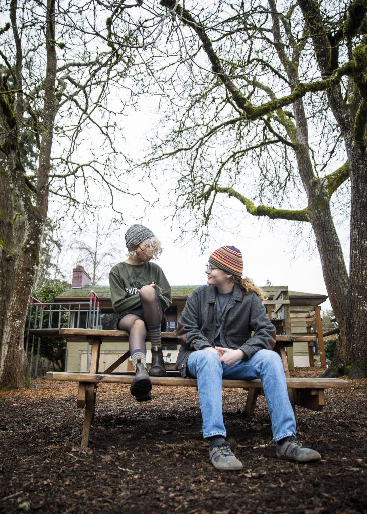 Willow Lambey, 14, left, and Clara Bannon, 15, right, at Clearwater School on Thursday, Jan. 25, 2024 in Bothell, Washington. (Olivia Vanni / The Herald)