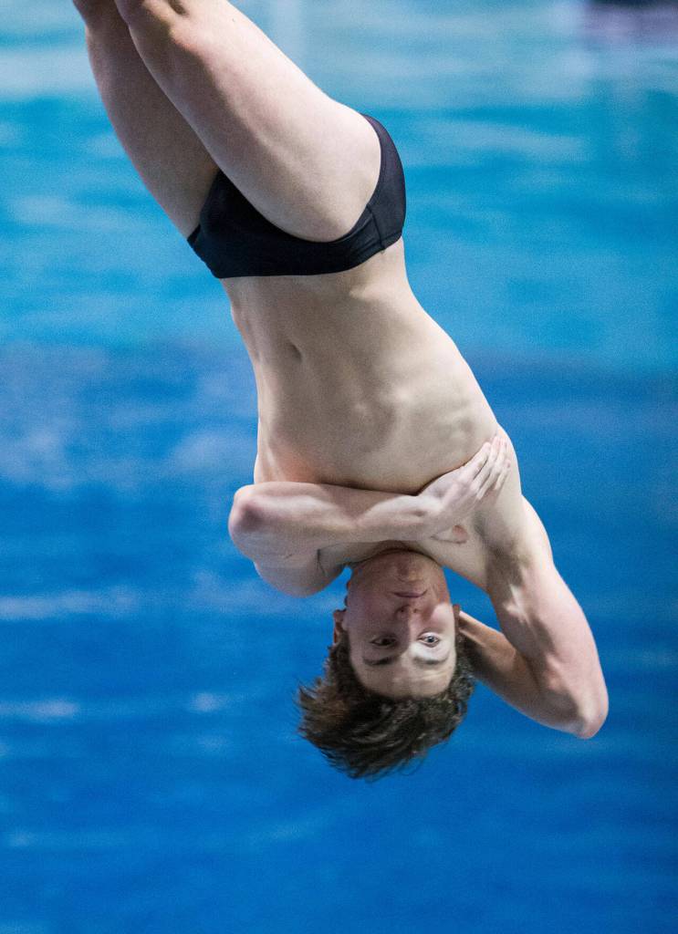 Benson Boone twists as he competes in the 1 meter diving at Washington State 4A swimming championships at the Federal Way Aquatic Center on Feb. 22, 2020. (Andy Bronson / The Herald)