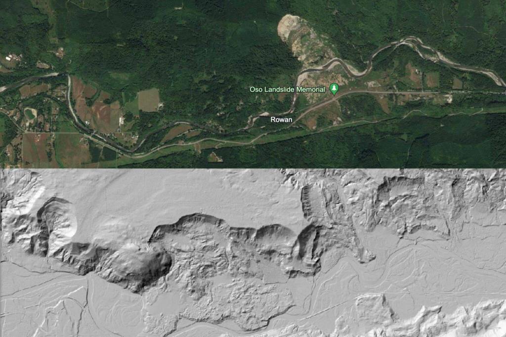 An aerial image of Highway 530 from Google Earth shows the Oso landslide scar. Below that, lidar imagery of the same area reveals the earths surface and a history of landslides in the area. (Washington Department of Natural Resources)