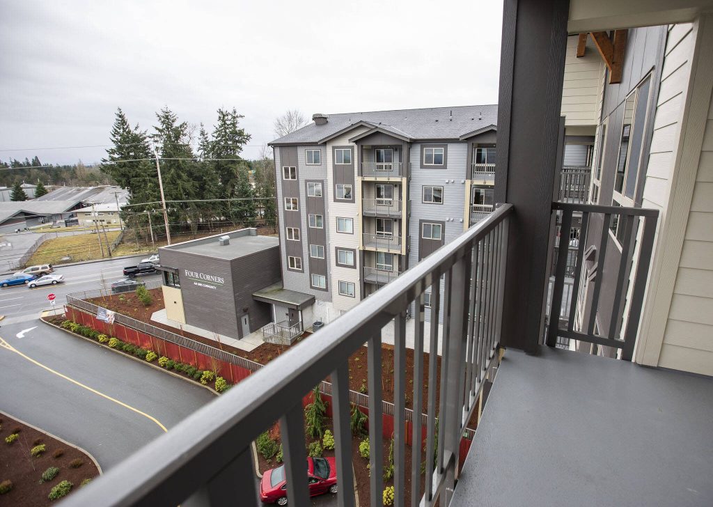 A view from a balcony of one of the apartment in the Four Corners housing complex on Wednesday, Jan. 24, 2024 in Everett, Washington. (Olivia Vanni / The Herald)