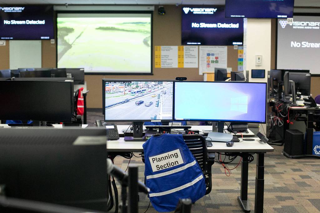 A number of computers can be used for a different purposes during a disaster at the Snohomish County Department of Emergency Management on Friday, March 8, 2024, in Everett, Washington. (Ryan Berry / The Herald)
