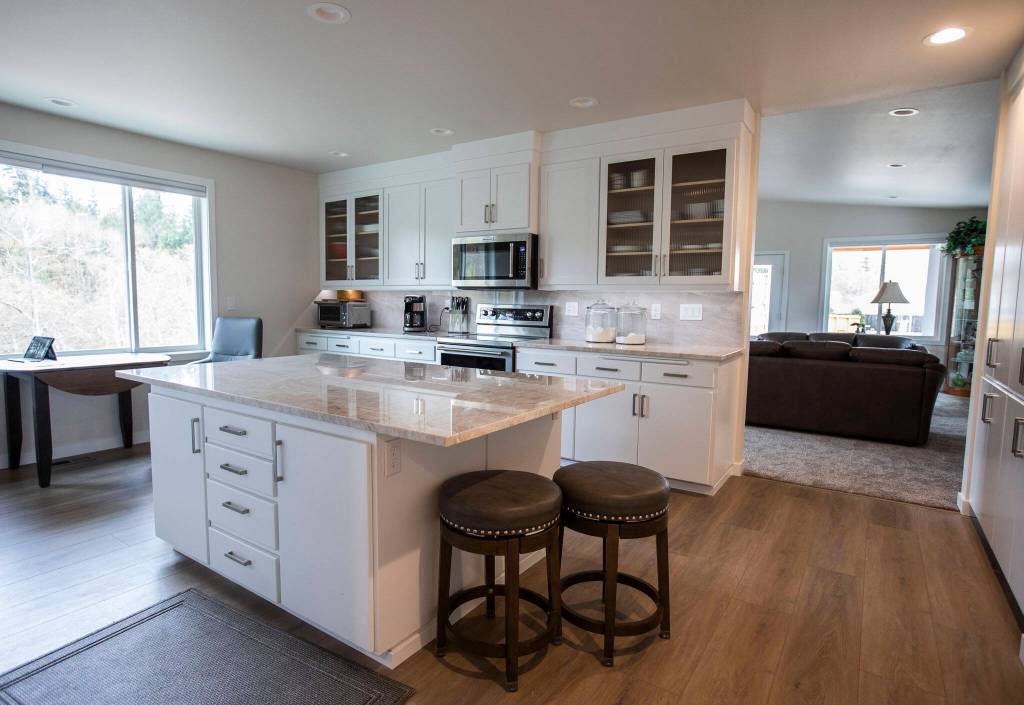 Inside the kitchen area of Olins final home build on Wednesday, March 20, 2024 in Everett, Washington. (Olivia Vanni / The Herald)