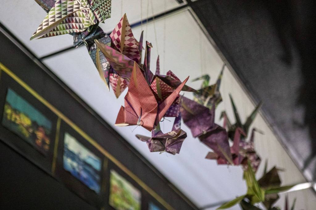 Origami cranes are displayed inside the Grouchy Chef on Sunday, March 3, 2024 in Mukilteo, Washington.(Annie Barker / The Herald)