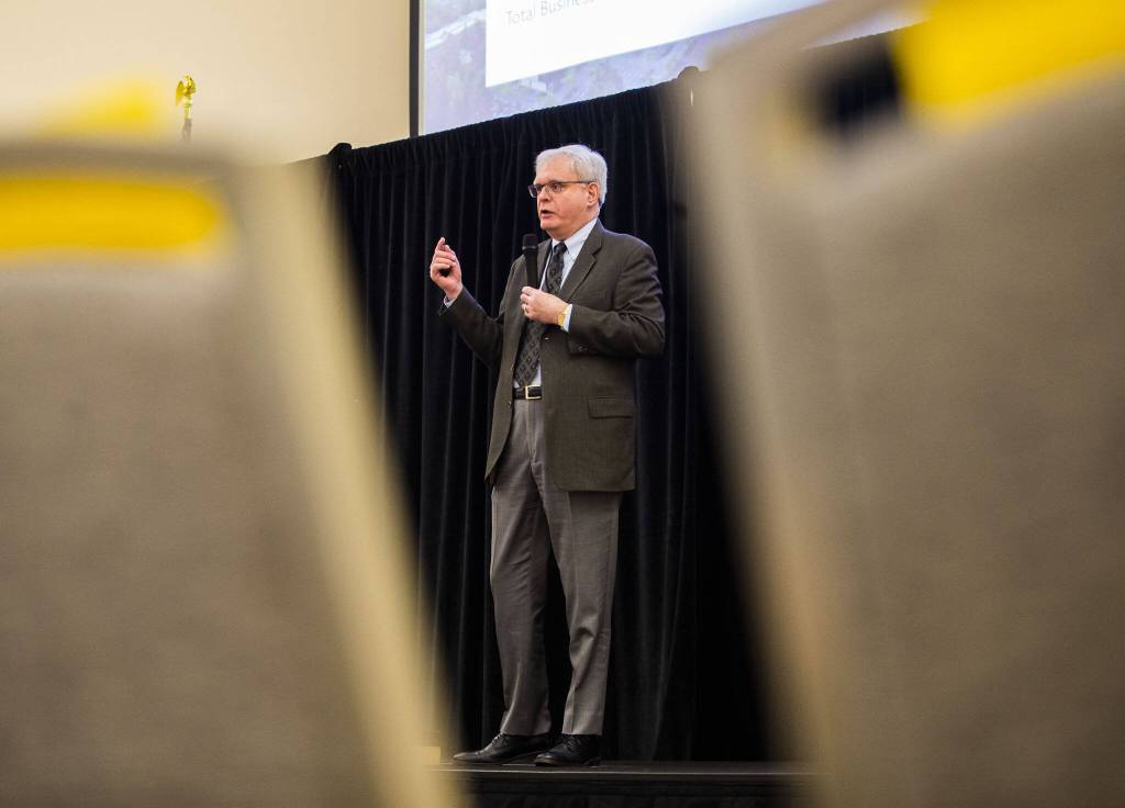 Lynnwood Director of Development & Business Services David Kleitsch speaks at the Lynnwood State of the City event on Wednesday, March 6, 2024 in Lynnwood, Washington. (Olivia Vanni / The Herald)