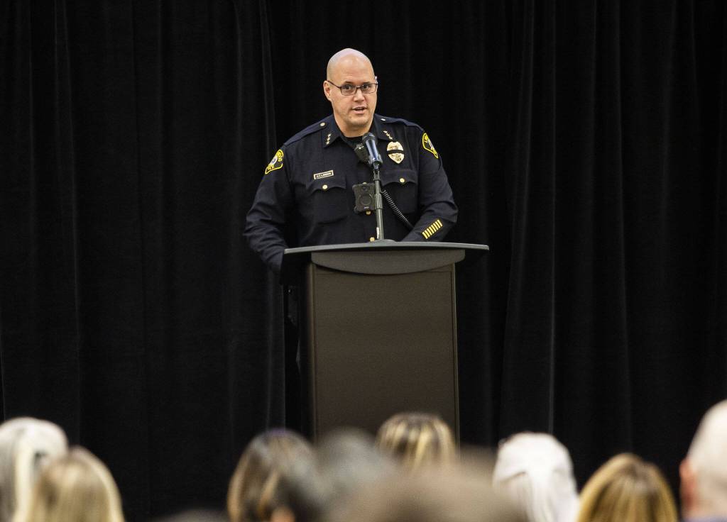 Lynnwood Chief of Police Cole Langdon speaks at the Lynnwood State of the City event on Wednesday, March 6, 2024 in Lynnwood, Washington. (Olivia Vanni / The Herald)