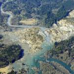 The massive mudslide that killed at least eight people and left dozens missing is shown in this aerial photo, Monday, March 24, 2014, near Arlington, Wash. The search for survivors grew Monday, raising fears that the death toll could climb far beyond the eight confirmed fatalities. (AP Photo / Ted S. Warren)