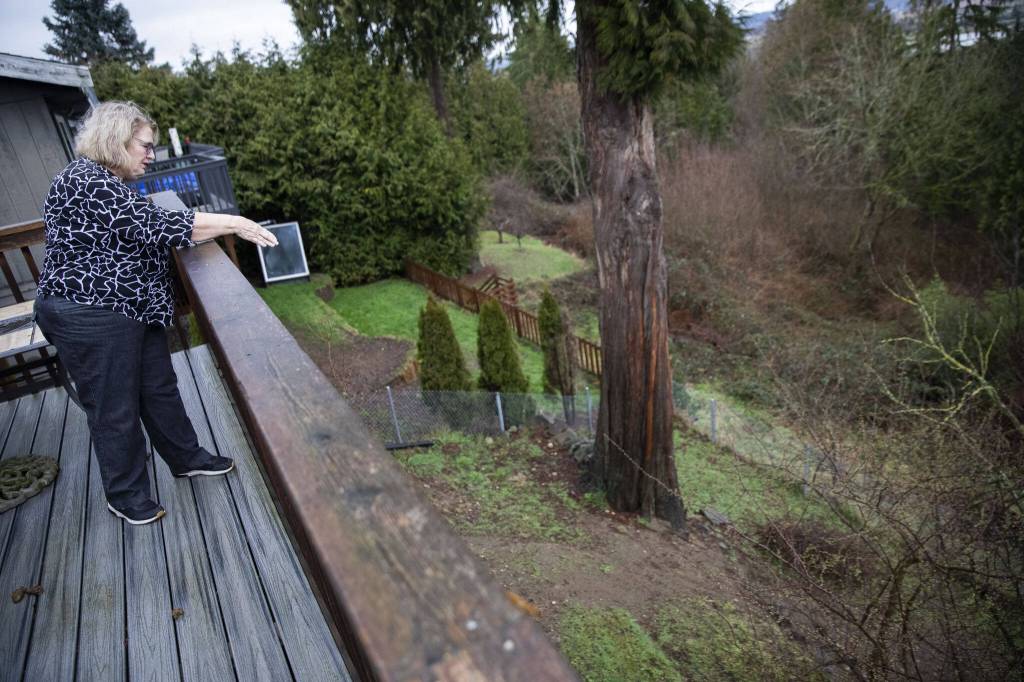 Leri Harper points out the large area of her sloped backyard that had to be dug up to access the septic tank on Thursday, Feb. 29, 2024 in Everett, Washington. (Olivia Vanni / The Herald)