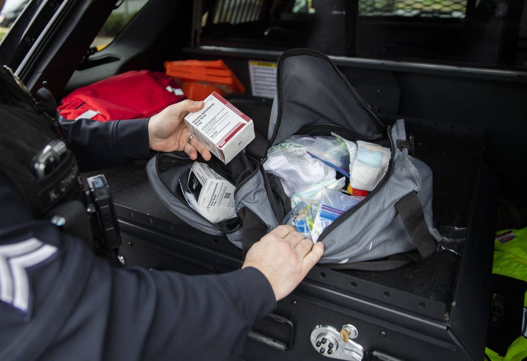 Naloxone in an emergency kit bag in a Mountlake Terrace police vehicle on Thursday, Feb. 29, 2024 in Mountlake Terrace, Washington. (Olivia Vanni / The Herald)