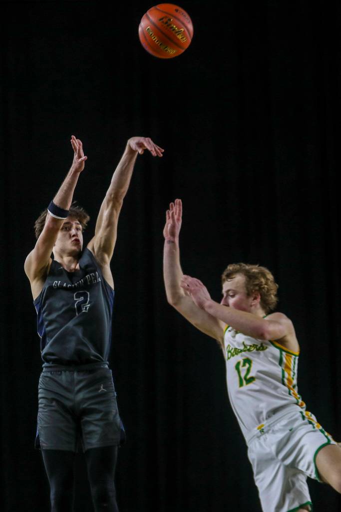 Glacier Peaks Jo Lee (2) shoots the ball during a 4A semifinal game between Glacier Peak and Richland at the Tacoma Dome on Friday, March 1, 2024 in Tacoma, Washington. Glacier Peak fell, 70-59. (Annie Barker / The Herald)