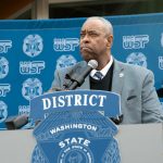 Washington State Patrol Chief John Batiste addresses the media outside state patrols District 7 Headquarters after an overnight crash that killed trooper Chris Gadd on southbound I-5 Saturday, March 2, 2024, in Marysville, Washington. (Ryan Berry / The Herald)