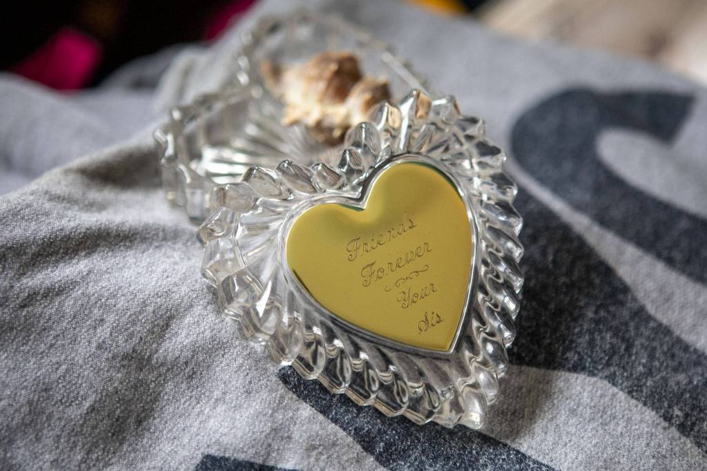 A gift from Julie Petersen to her late sister Christina Jefferds at her home on March 20, 2024 in Arlington, Washington. (Annie Barker / The Herald)