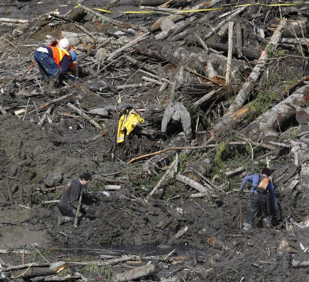 Workers and volunteers search through slide debris for personal belongings and articles on March 31, 2014, in Oso, Washington. (Sofia Jaramillo / The Herald)