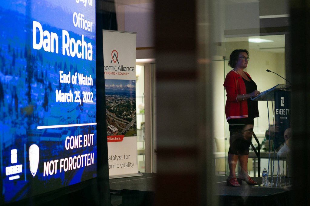 Everett Mayor Cassie Franklin speaks about law enforcement and the late EPD officer Dan Rocha during the State of the City Address on Thursday, March 21, 2024, at the Everett Mall in Everett, Washington. (Ryan Berry / The Herald)