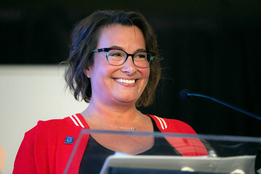 Everett Mayor Cassie Franklin smiles while delivering the State of the City Address on Thursday, March 21, 2024, at the Everett Mall in Everett, Washington. (Ryan Berry / The Herald)