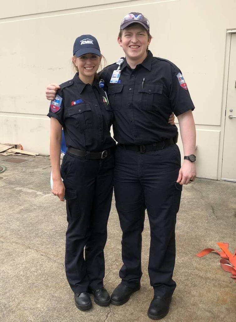 Grace Haskins, left, with ambulance coworker and EMT Chris Gadd, who later became a state trooper. (Courtesy photo)