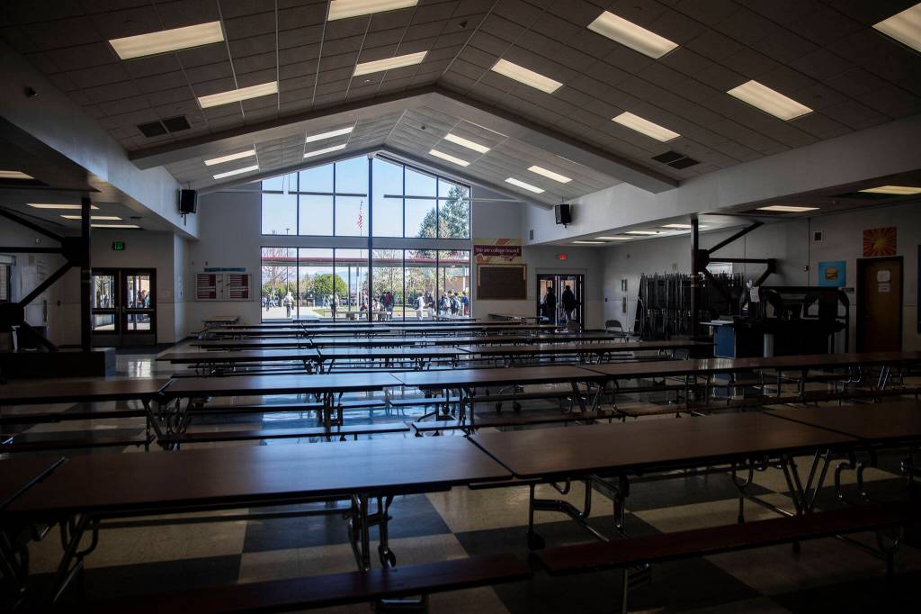 Inside the Lakewood campus commons that is currently too small for the student body between the multiple schools on Tuesday, March 19, 2024 in Marysville, Washington. (Olivia Vanni / The Herald)