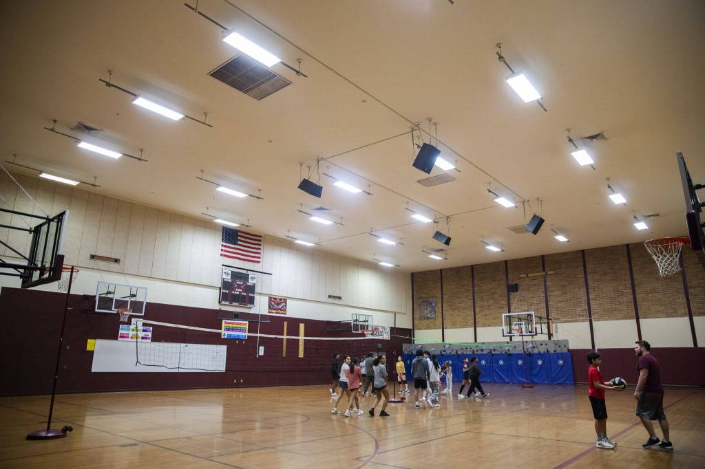 Inside the Lakewood Elementary School gym that is need of LED light upgrades on Tuesday, March 19, 2024 in Marysville, Washington. (Olivia Vanni / The Herald)