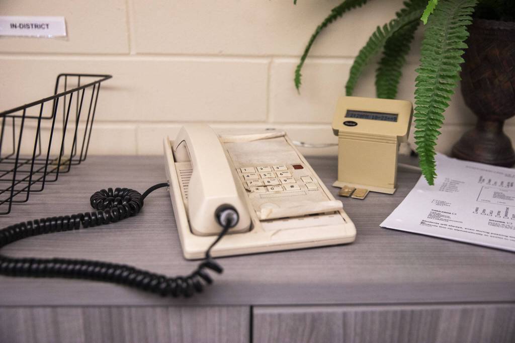 This phone is only way for announcements to be made over the intercom for Lakewood Elementary School on Tuesday, March 19, 2024 in Marysville, Washington. (Olivia Vanni / The Herald)