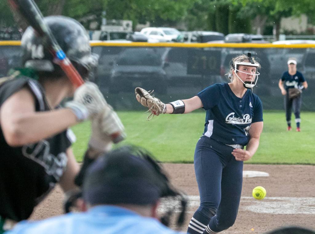 Glacier Peaks Maya Mesa delivers a pitch during the Class 4A state title game against Jackson on May 27, 2023, in Richland. (TJ Mullinax / For The Herald)
