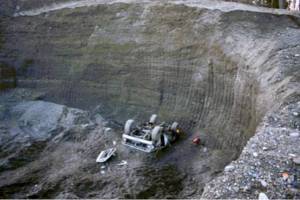 Danny Simpson's 1977 F-250 truck after crashing into a gravel pit owned by his parents. (Photo provided by court documents)