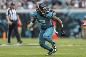 Jacksonville Jaguars safety Rayshawn Jenkins (2) in action during an NFL football game against the Las Vegas Raiders on Sunday, Nov. 6, 2022, in Jacksonville, Fla. (AP Photo/Gary McCullough)