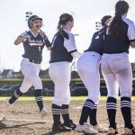 Glacier Peaks Samantha Christensen runs to home plate to celebrate her home run with her teammates during the game against Snohomish on Friday, March 15, 2024 in Snohomish, Washington. (Olivia Vanni / The Herald)