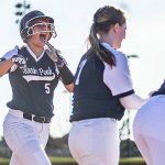 Glacier Peak’s Samantha Christensen runs to home plate to celebrate her home run with her teammates during the game against Snohomish on Friday, March 15, 2024 in Snohomish, Washington. (Olivia Vanni / The Herald)