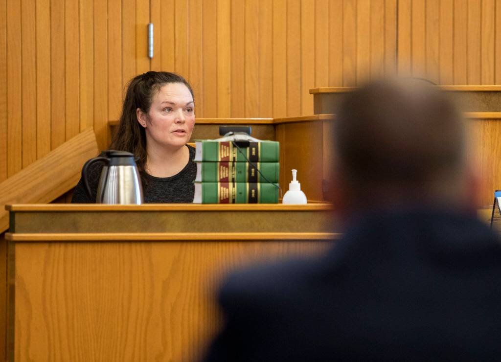Krista Stromberg, a friend of Melissa Lee, testifies during the murder trial of Alan Dean at the Snohomish County Courthouse on Tuesday, March 19, 2024 in Everett, Washington. (Olivia Vanni / The Herald)