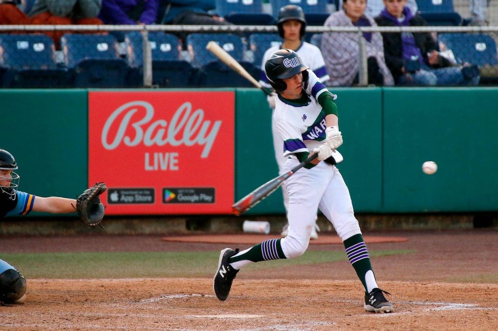 Edmonds-Woodways Andreas Simonsen fouls off a pitch against Ferndale in a Class 3A District 1 semifinal game May 9, 2023, at Funko Field in Everett. (Ryan Berry / The Herald)