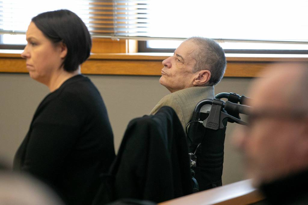 Alan Dean, right, listens to the jury be polled as he is convicted of the 1993 murder of 15-year-old Bothell girl Melissa Lee on Thursday, March 28, 2024, at Snohomish County Superior Court in Everett, Washington. (Ryan Berry / The Herald)