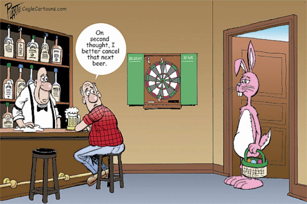 A RABBIT HOPS INTO A BAR, EASTER, BUNNY, RABBIT, BISTRO, BEER, DRUNK, EGGS, BARTENDER, TAVERNtoon