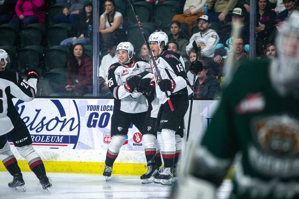 The Vancouver Giants celebrate a goal against the Silvertips during the 2024 playoff opener on Friday, March 29, 2024, at Angel of the Winds Arena in Everrett, Washington. (Ryan Berry / The Herald)