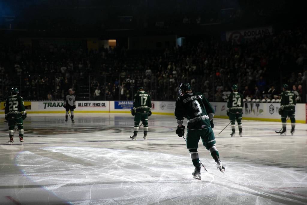 Everett Silvertips captain Ben Hemmerling is introduced prior to the 2024 playoff opener against the Vancouver Giants on Friday, March 29, 2024, at Angel of the Winds Arena in Everrett, Washington. (Ryan Berry / The Herald)