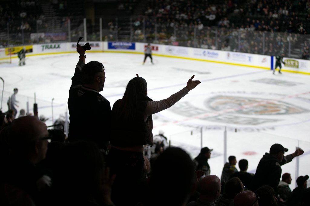 Everett Silvertips fans express their displeasure with the officials during the 2024 playoff opener against the Vancouver Giants on Friday, March 29, 2024, at Angel of the Winds Arena in Everrett, Washington. (Ryan Berry / The Herald)