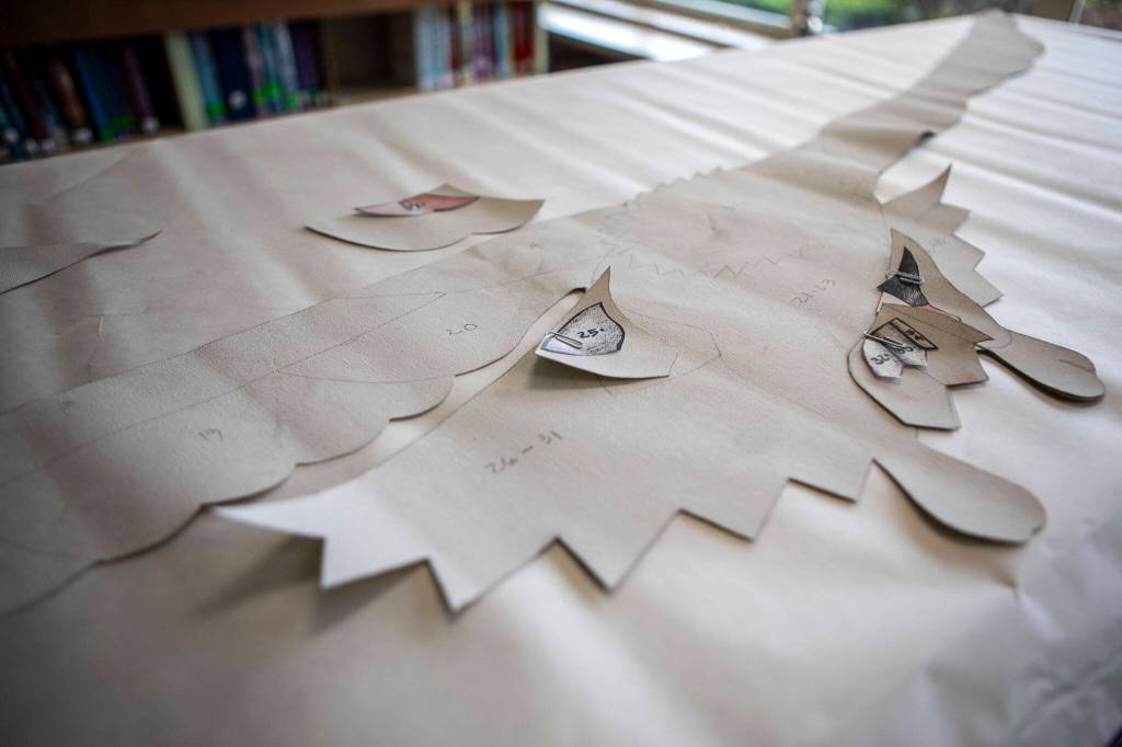 A guide for a mural is displayed during the Afternoon of the Arts program, where students spend part of the day on an art project at Utsalady Elementary on March 22, 2024 in Camano, Washington. (Annie Barker / The Herald)