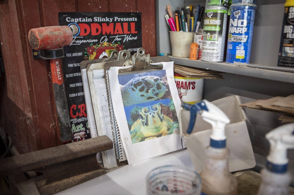 Notes for a sea turtle that Terry Carrigan, 60, made at his home-based Skywater Studios on Sunday, April 14, 2024 in Monroe, Washington. (Annie Barker / The Herald)