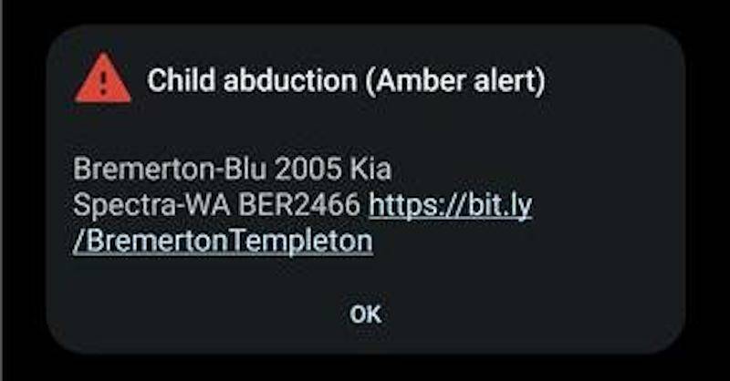 The Amber Alert sent out for an abducted boy in Bremerton, Washington on Sunday, April 6. An off-duty policeman recognized and arrested the mother with no injuries.