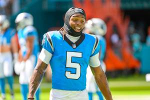 The Seattle Seahawks reportedly signed former Carolina Panthers wide receiver Laviska Shenault Jr. (5). (AP Photo/Doug Murray)